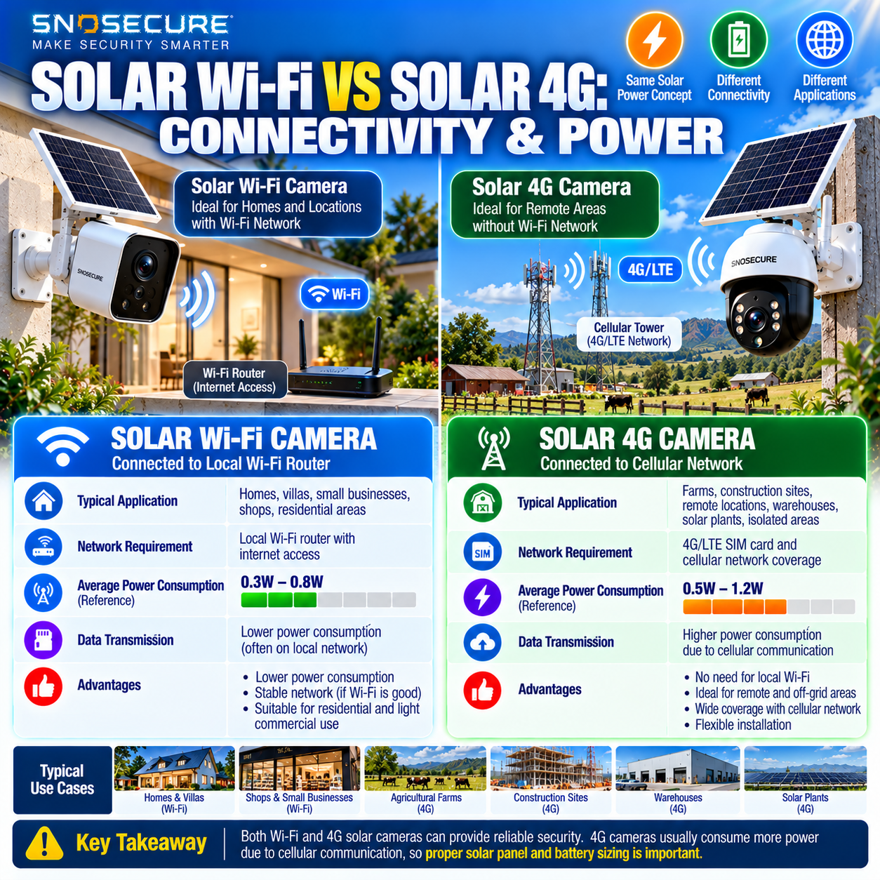 Solar Wi-Fi and 4G security camera connectivity and battery power comparison