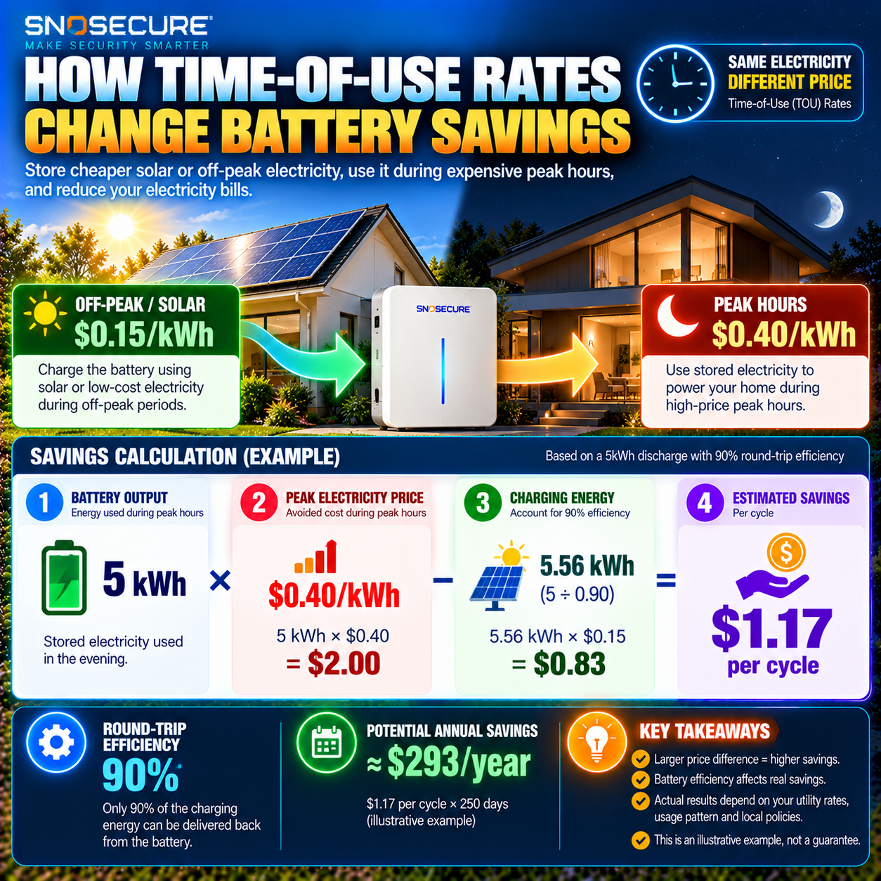 Time-of-use electricity rates and illustrative home battery energy savings calculation