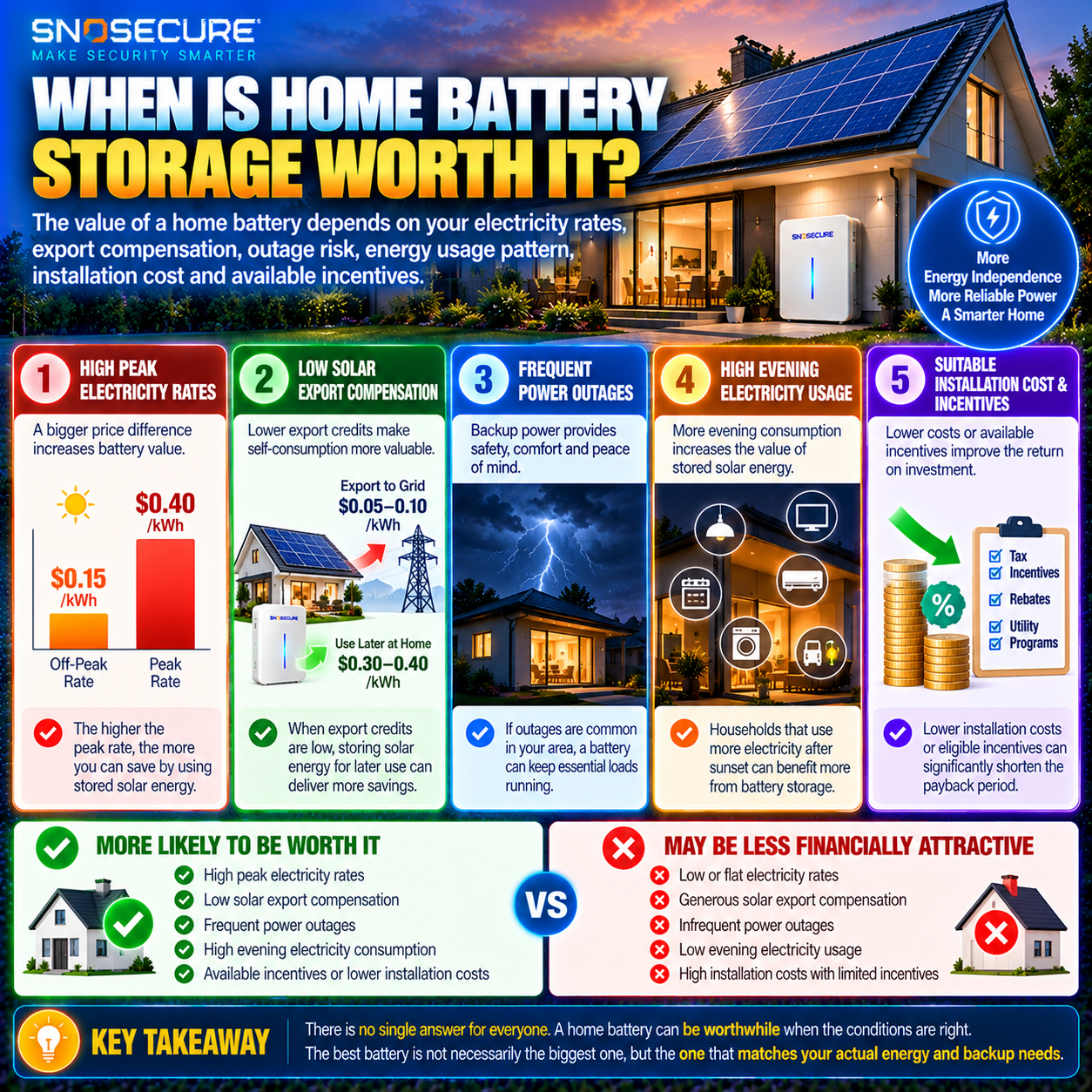 Conditions that make residential battery storage more or less financially attractive