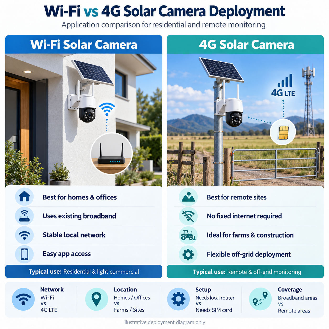 WiFi versus 4G solar camera installations for residential and remote monitoring